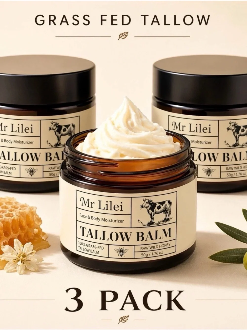 Mr Lilei Grass Fed Tallow Balm 3 Pack Honey Face & Body Moisturizer